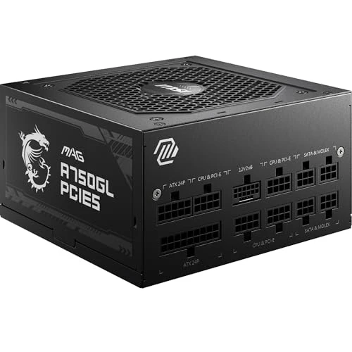 MSI MAG A750GL PCIE5 Alimentation, 750W, 80 Plus Gold, Entièrement modulaire, ATX 3.0, Support GPU PCIe 5.0, Ventilateur FDB 120mm, Full-Bridge LLC, câbles Plats Noirs - Garantie 7 Ans